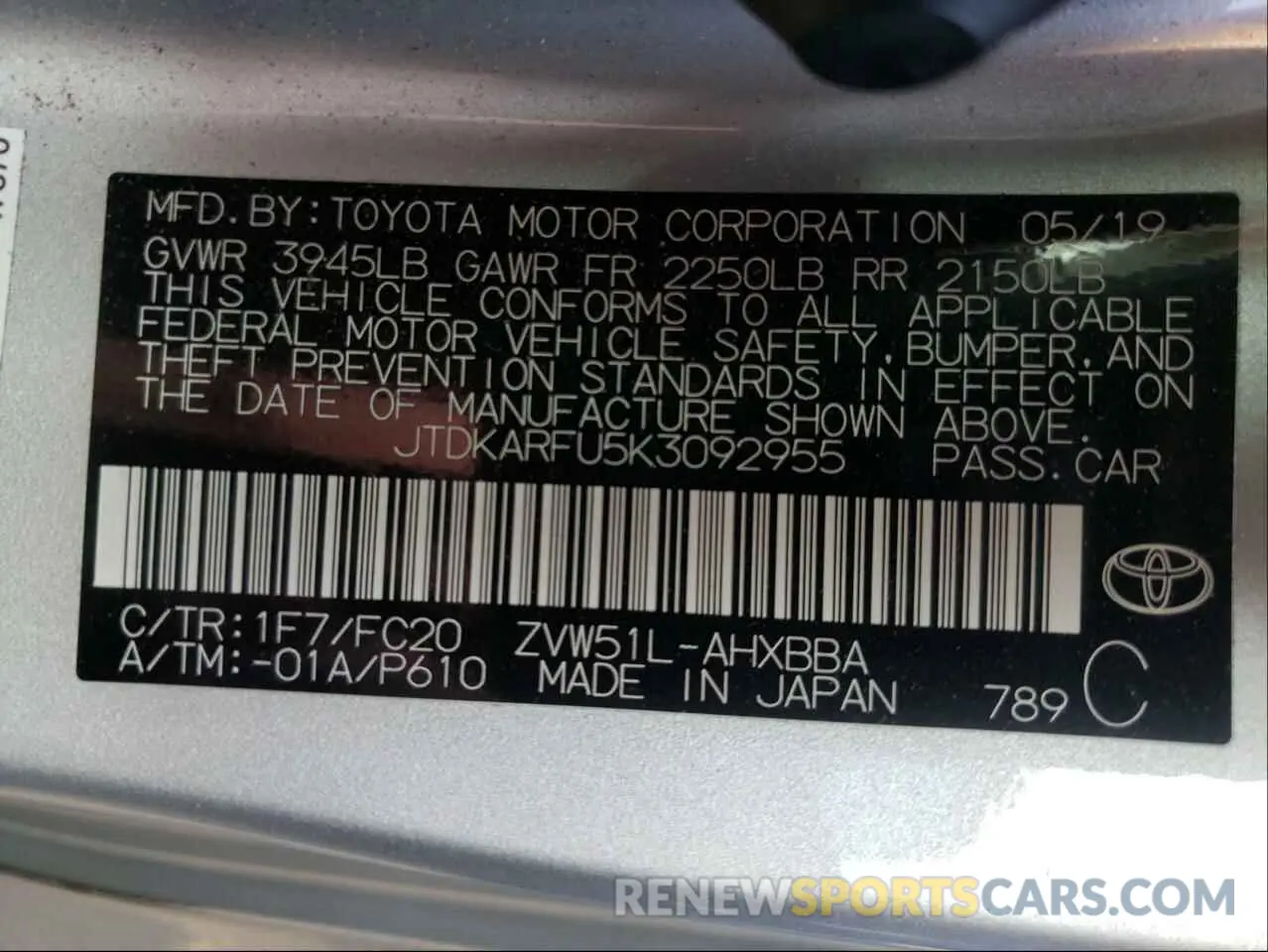 10 Photograph of a damaged car JTDKARFU5K3092955 TOYOTA PRIUS 2019