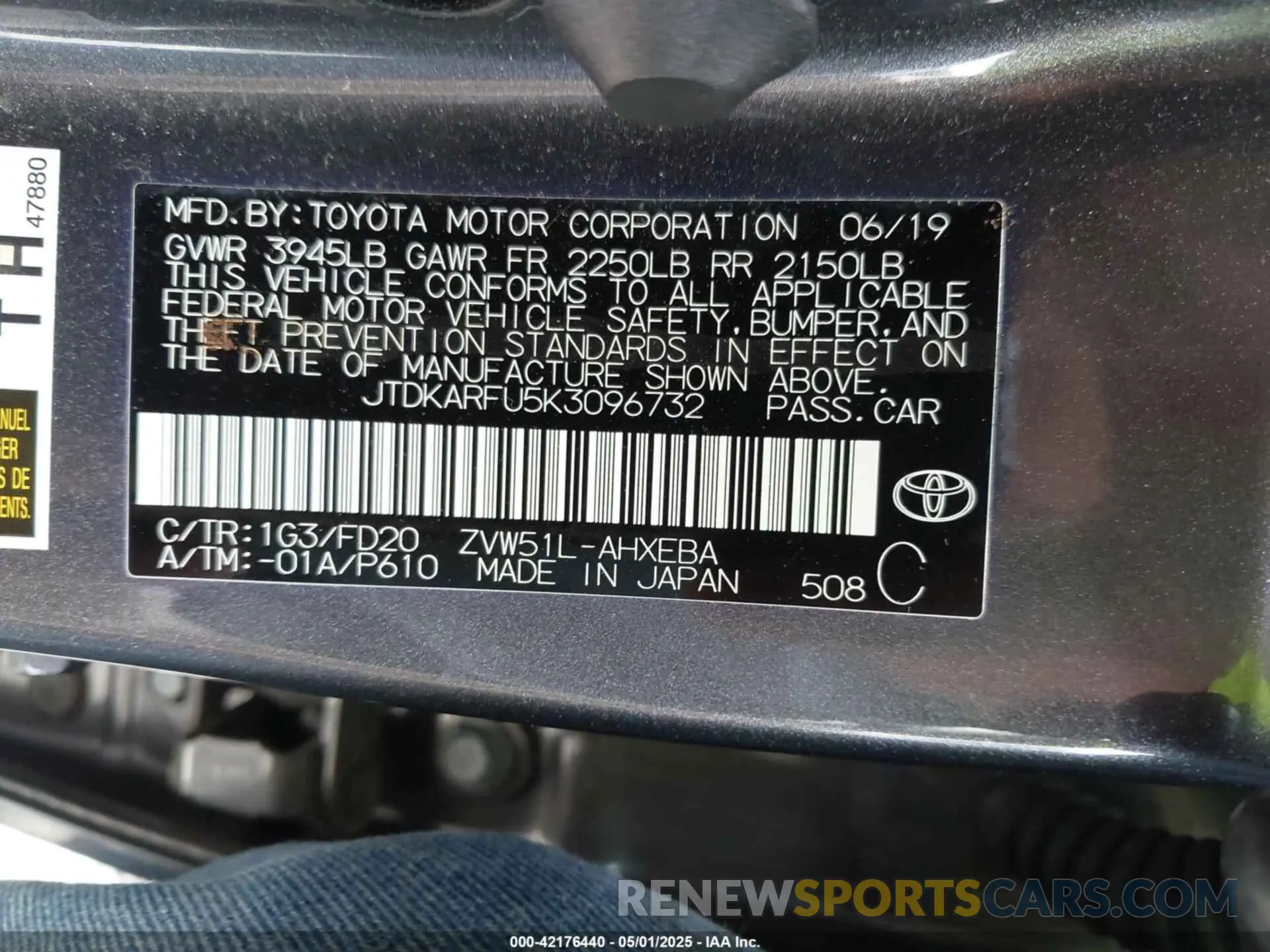 9 Фотография поврежденного автомобиля JTDKARFU5K3096732 TOYOTA PRIUS 2019