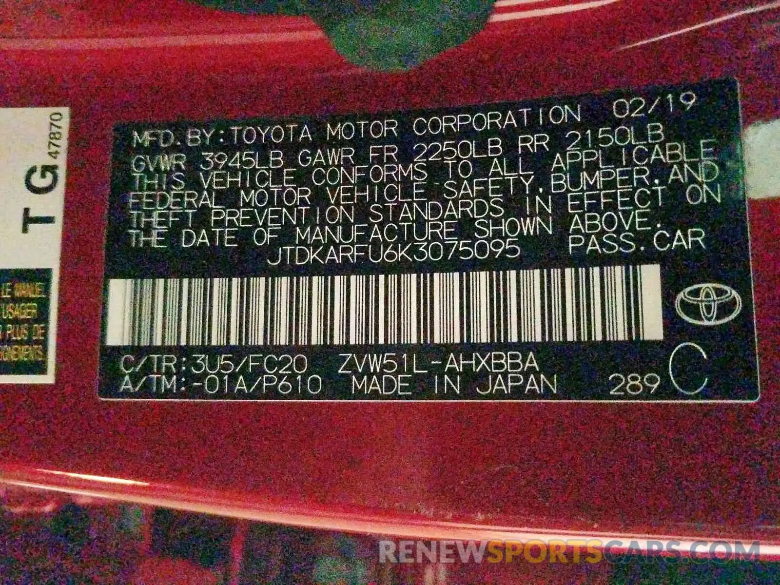 10 Photograph of a damaged car JTDKARFU6K3075095 TOYOTA PRIUS 2019