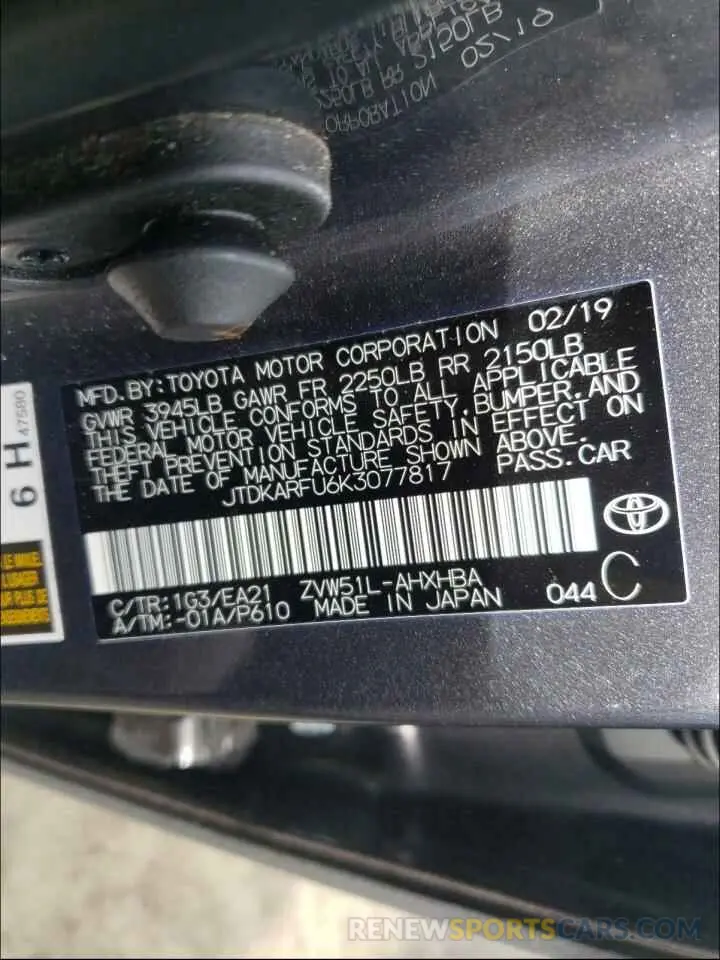 10 Photograph of a damaged car JTDKARFU6K3077817 TOYOTA PRIUS 2019