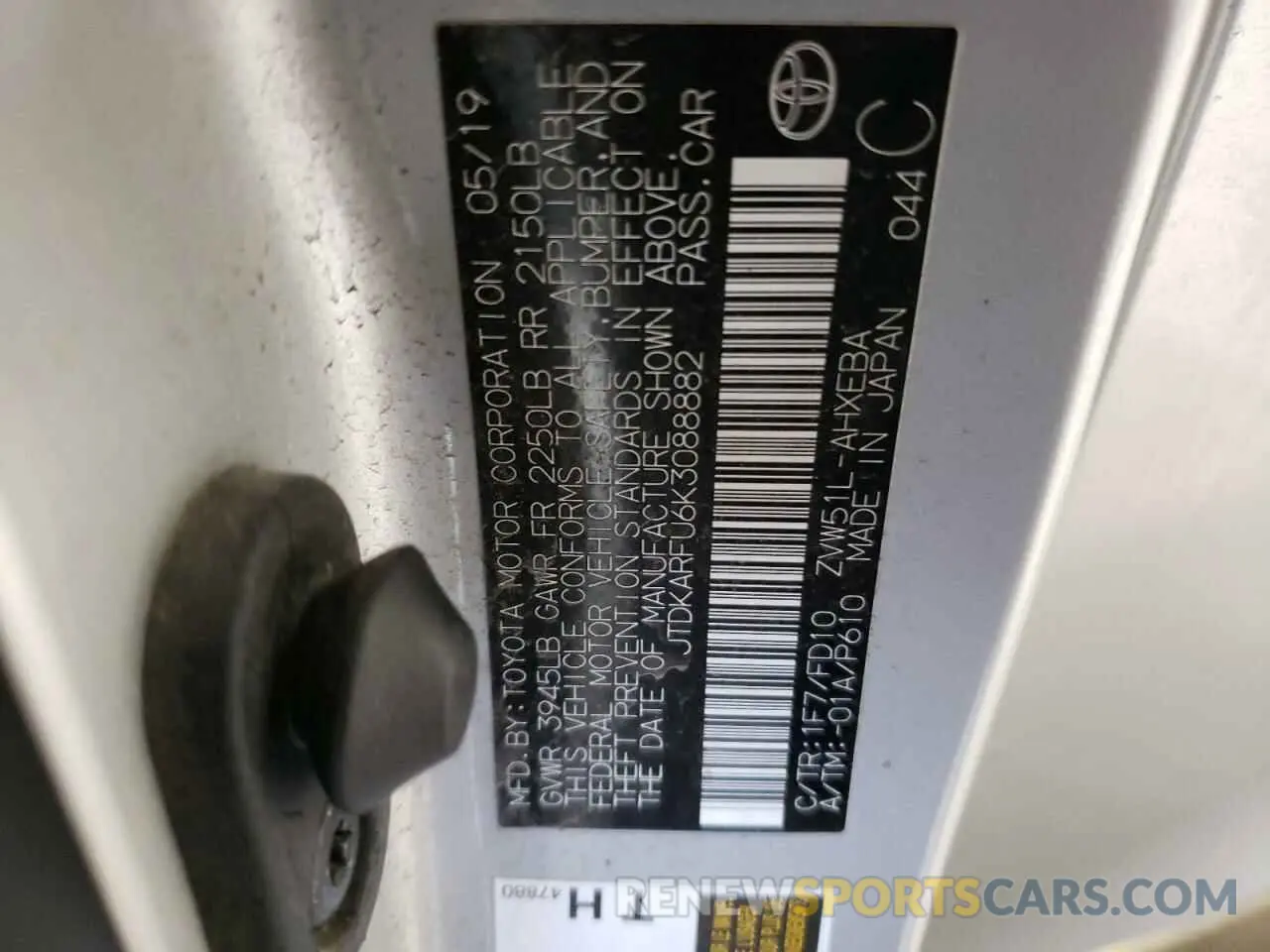 12 Photograph of a damaged car JTDKARFU6K3088882 TOYOTA PRIUS 2019