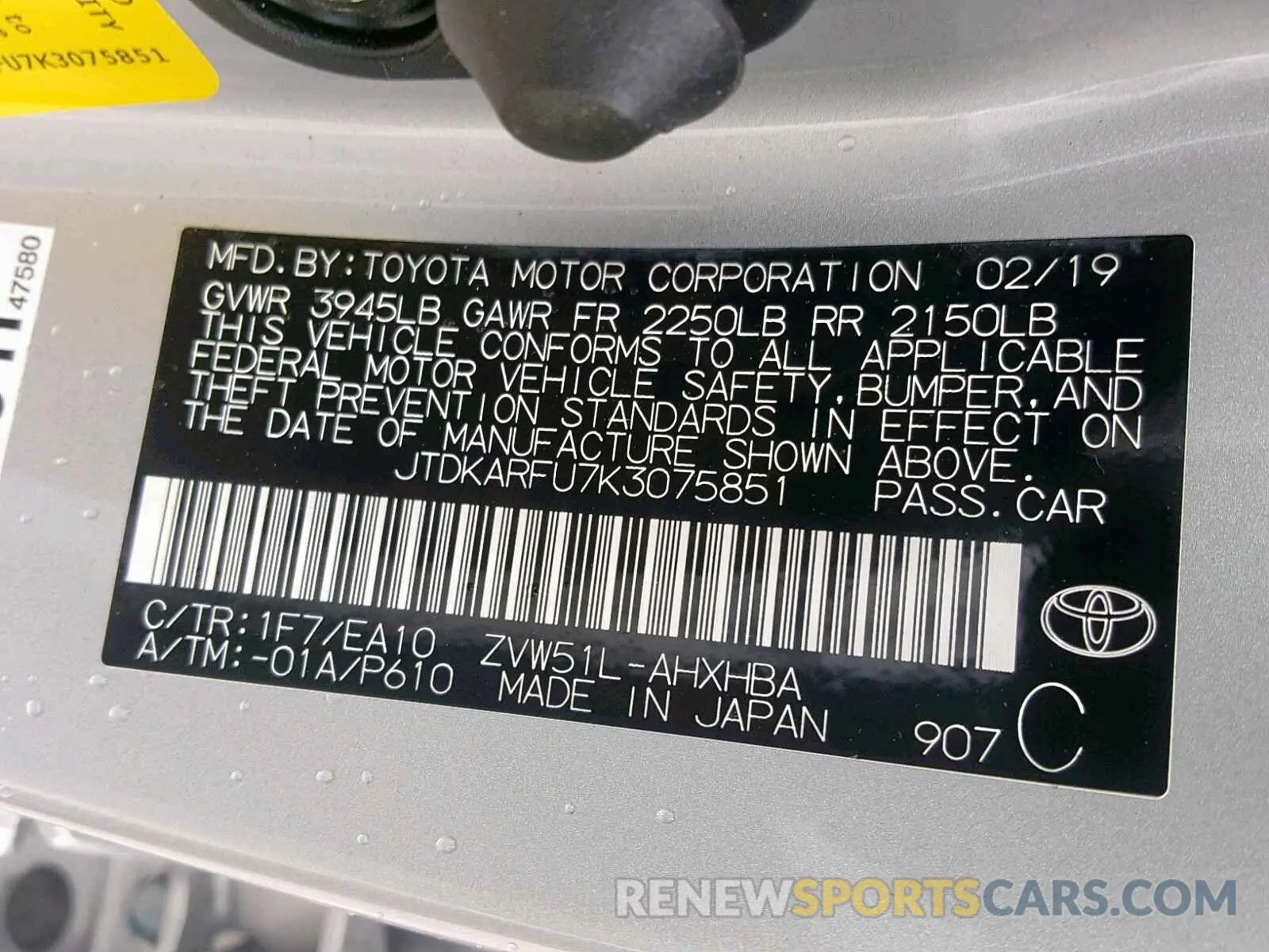 10 Photograph of a damaged car JTDKARFU7K3075851 TOYOTA PRIUS 2019