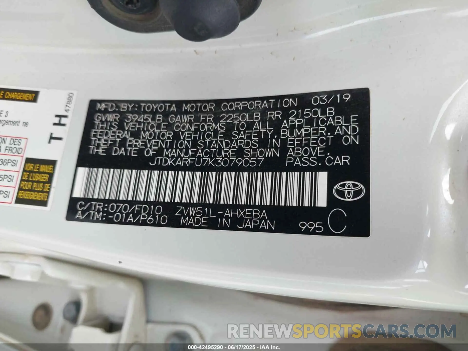 9 Photograph of a damaged car JTDKARFU7K3079057 TOYOTA PRIUS 2019