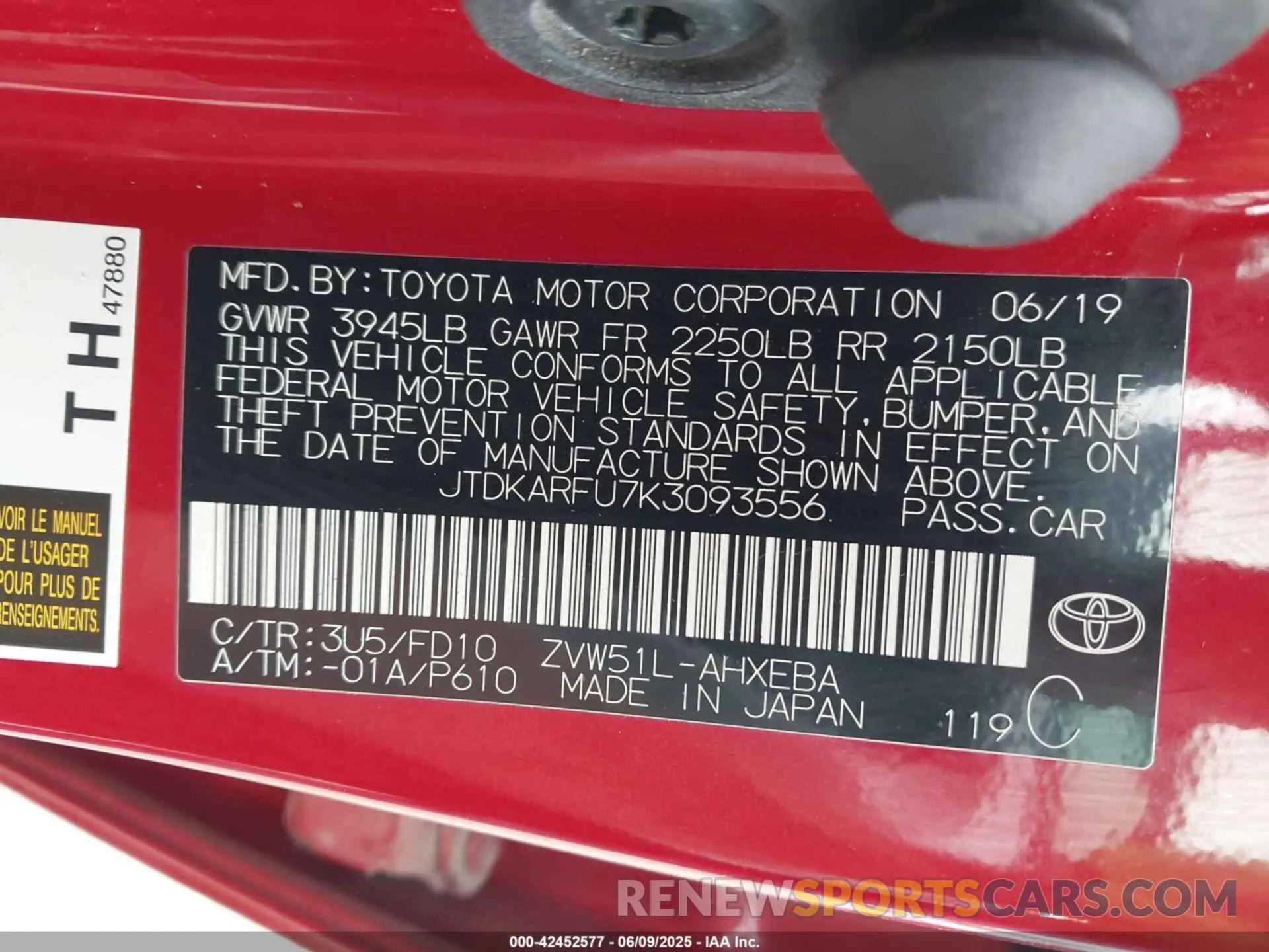 9 Фотография поврежденного автомобиля JTDKARFU7K3093556 TOYOTA PRIUS 2019