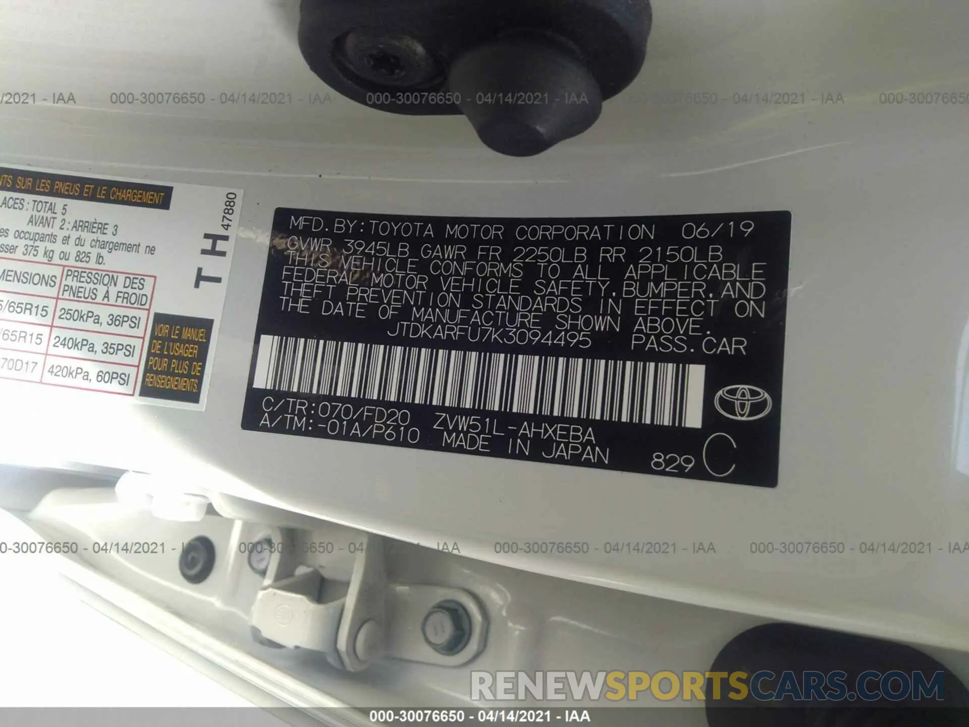 9 Photograph of a damaged car JTDKARFU7K3094495 TOYOTA PRIUS 2019