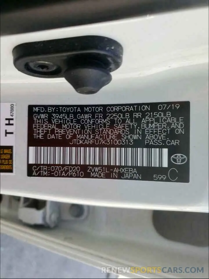 10 Photograph of a damaged car JTDKARFU7K3100313 TOYOTA PRIUS 2019