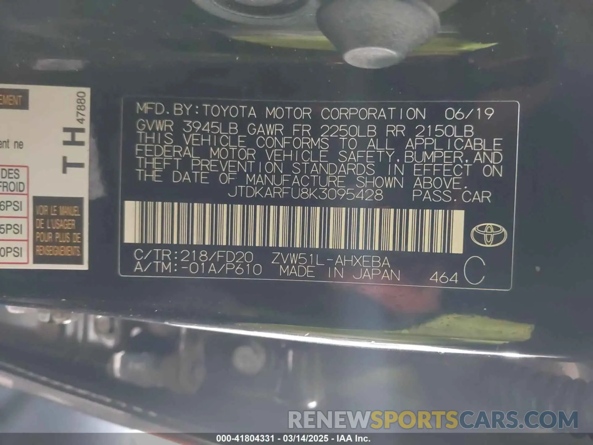 9 Photograph of a damaged car JTDKARFU8K3095428 TOYOTA PRIUS 2019
