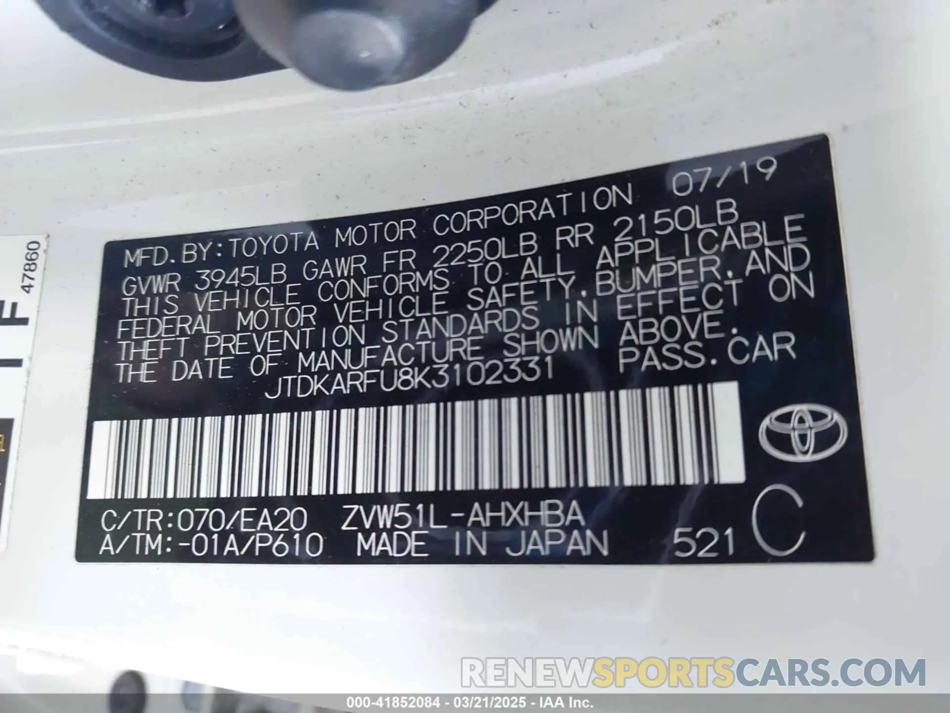 9 Фотография поврежденного автомобиля JTDKARFU8K3102331 TOYOTA PRIUS 2019