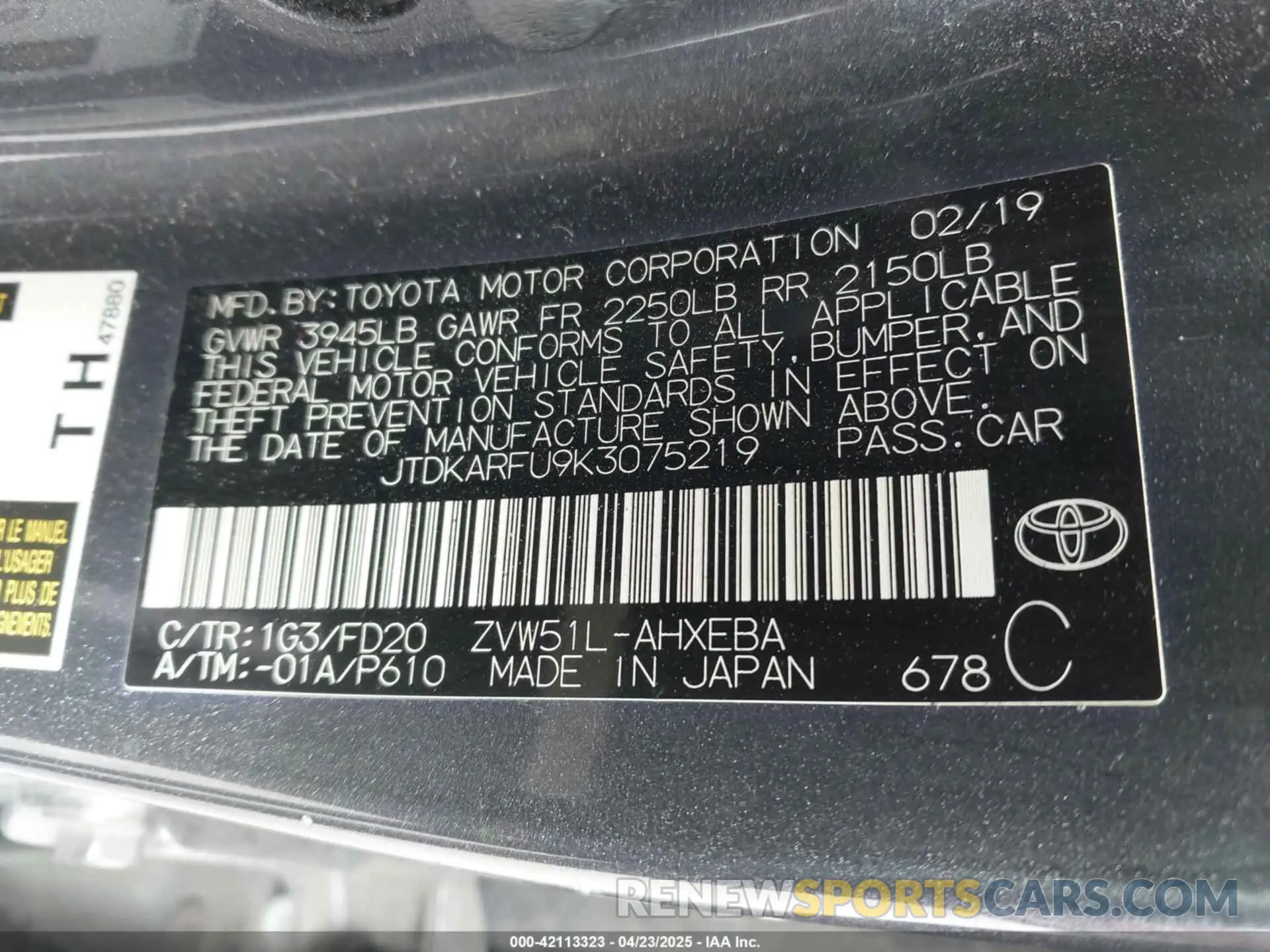 9 Фотография поврежденного автомобиля JTDKARFU9K3075219 TOYOTA PRIUS 2019