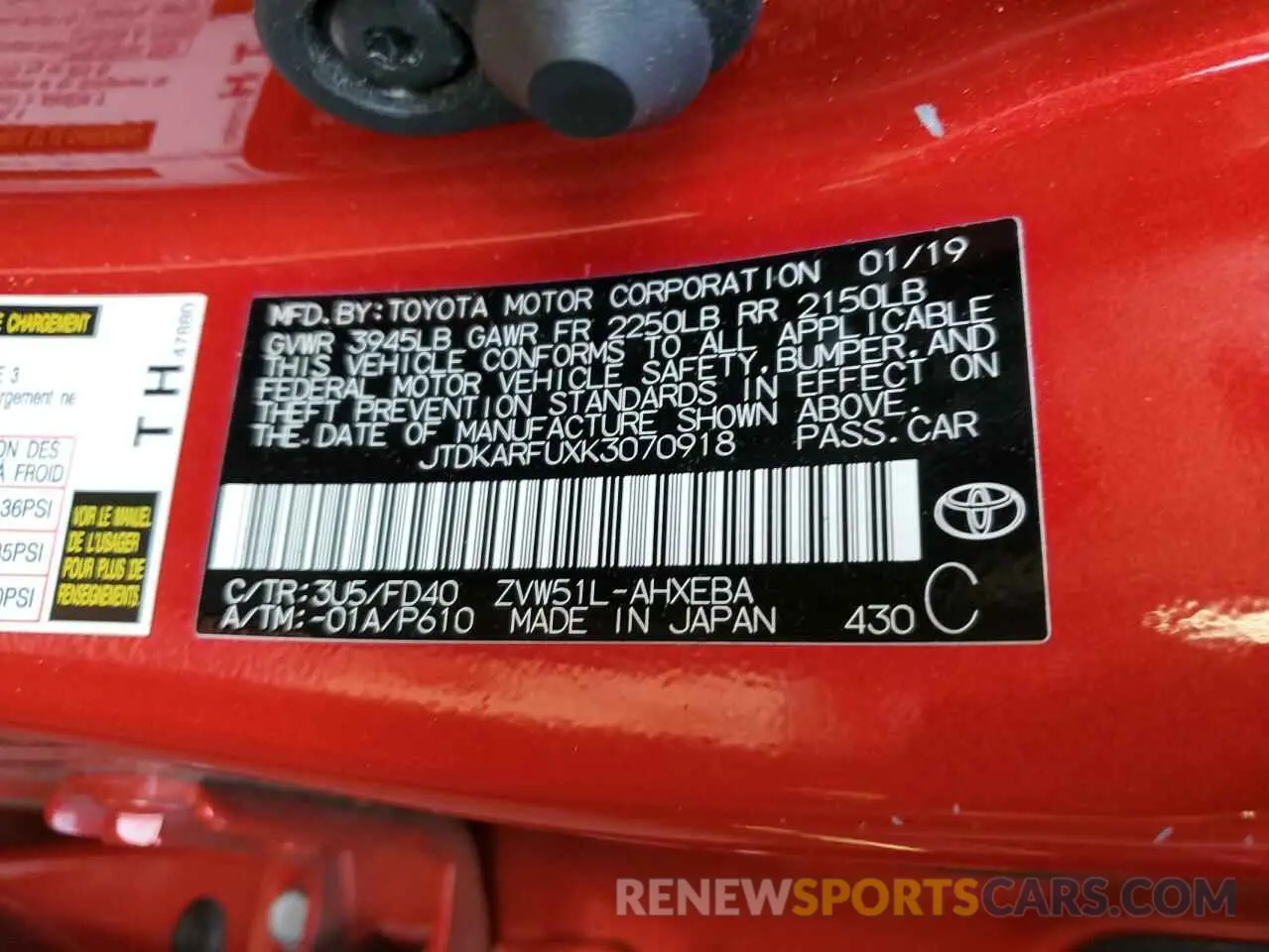 12 Фотография поврежденного автомобиля JTDKARFUXK3070918 TOYOTA PRIUS 2019