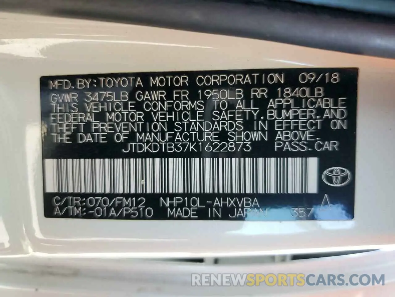 12 Фотография поврежденного автомобиля JTDKDTB37K1622873 TOYOTA PRIUS 2019