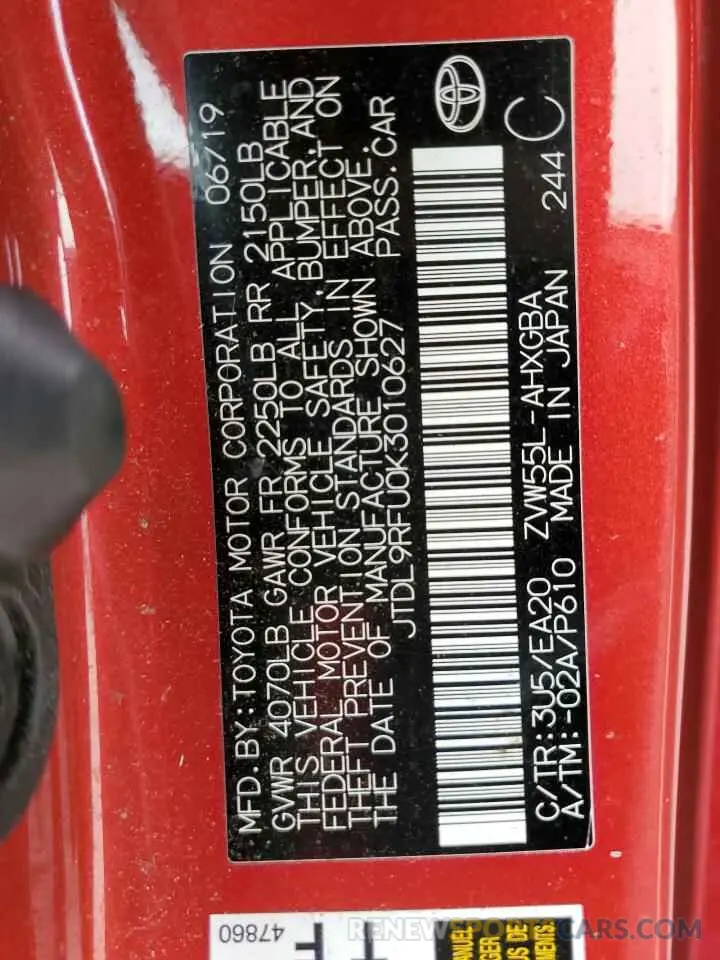 13 Photograph of a damaged car JTDL9RFU0K3010627 TOYOTA PRIUS 2019