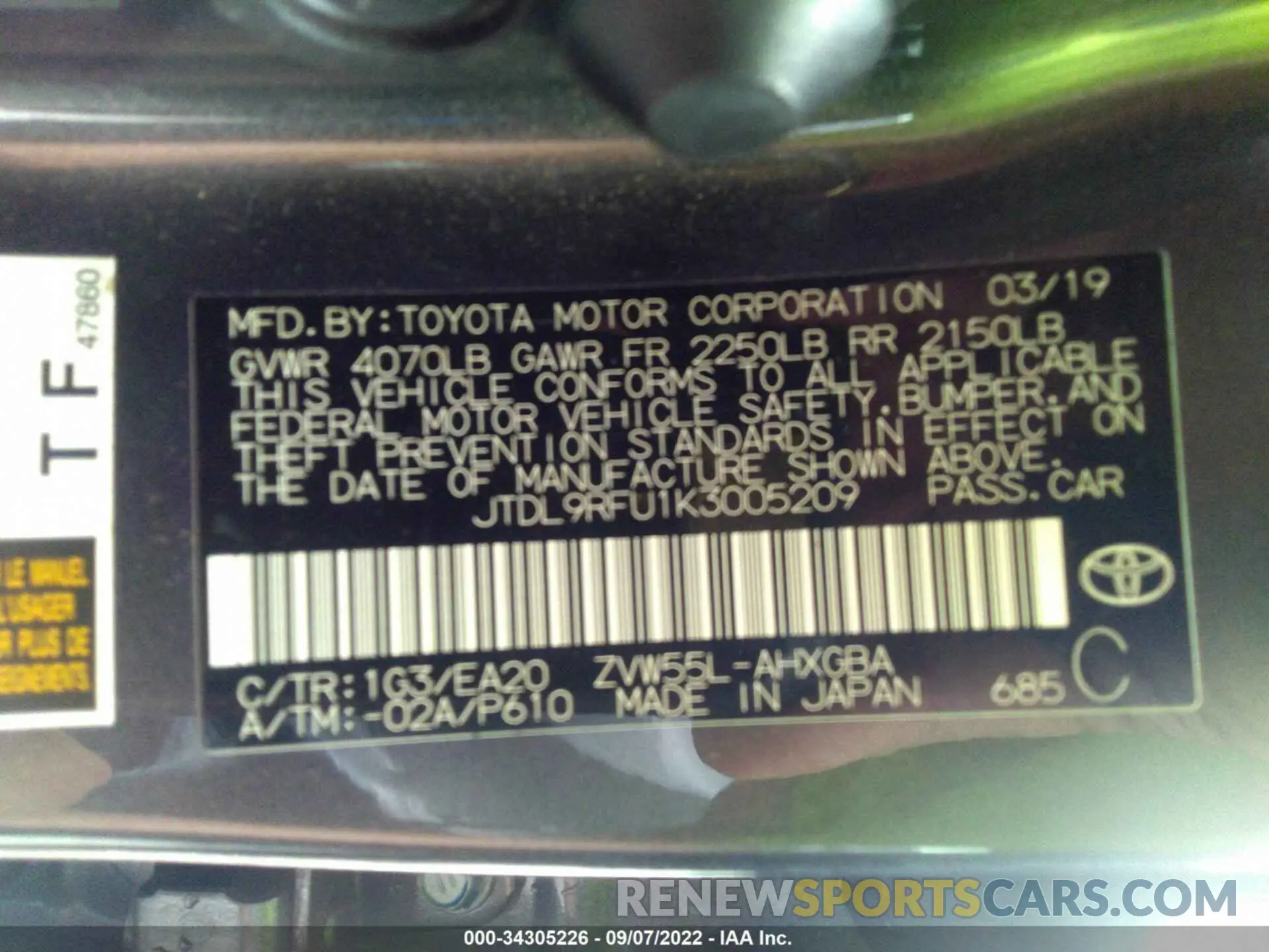 9 Photograph of a damaged car JTDL9RFU1K3005209 TOYOTA PRIUS 2019