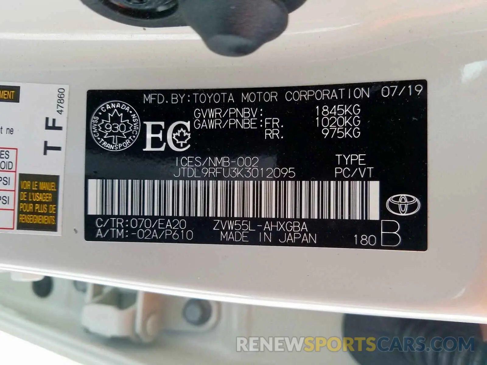 10 Photograph of a damaged car JTDL9RFU3K3012095 TOYOTA PRIUS 2019
