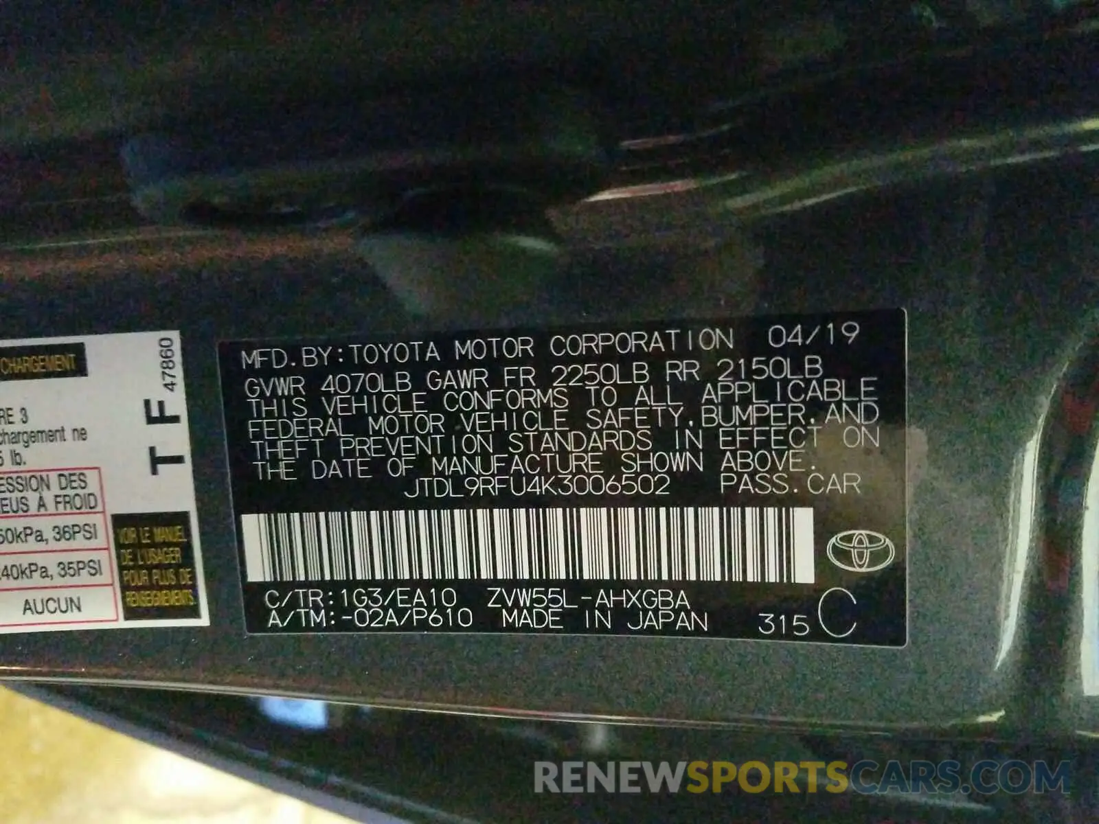 10 Photograph of a damaged car JTDL9RFU4K3006502 TOYOTA PRIUS 2019