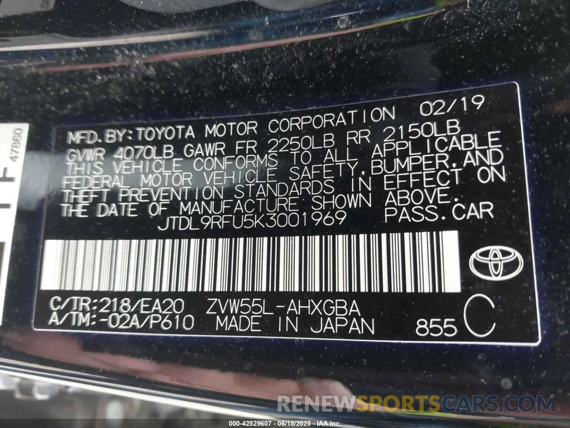 9 Photograph of a damaged car JTDL9RFU5K3001969 TOYOTA PRIUS 2019