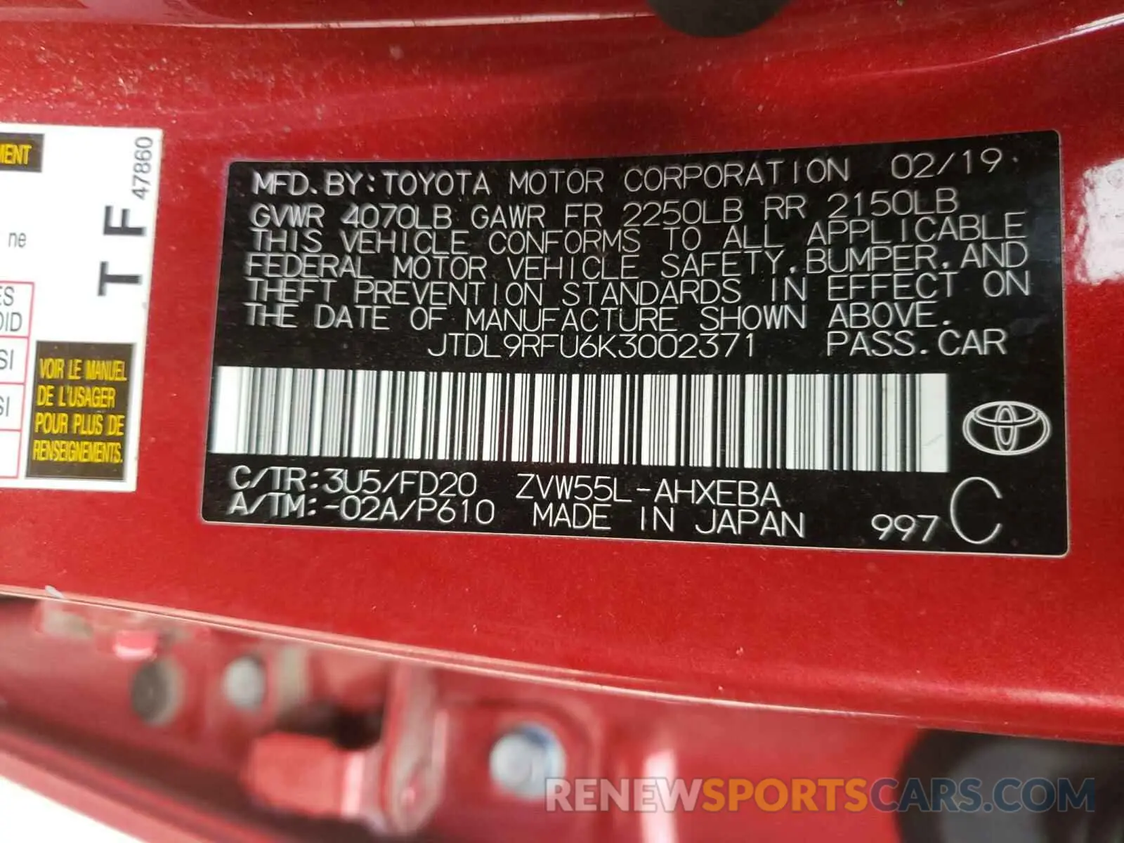 10 Photograph of a damaged car JTDL9RFU6K3002371 TOYOTA PRIUS 2019