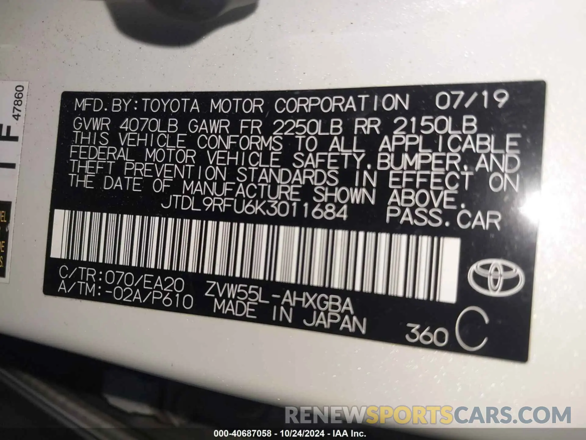 9 Photograph of a damaged car JTDL9RFU6K3011684 TOYOTA PRIUS 2019