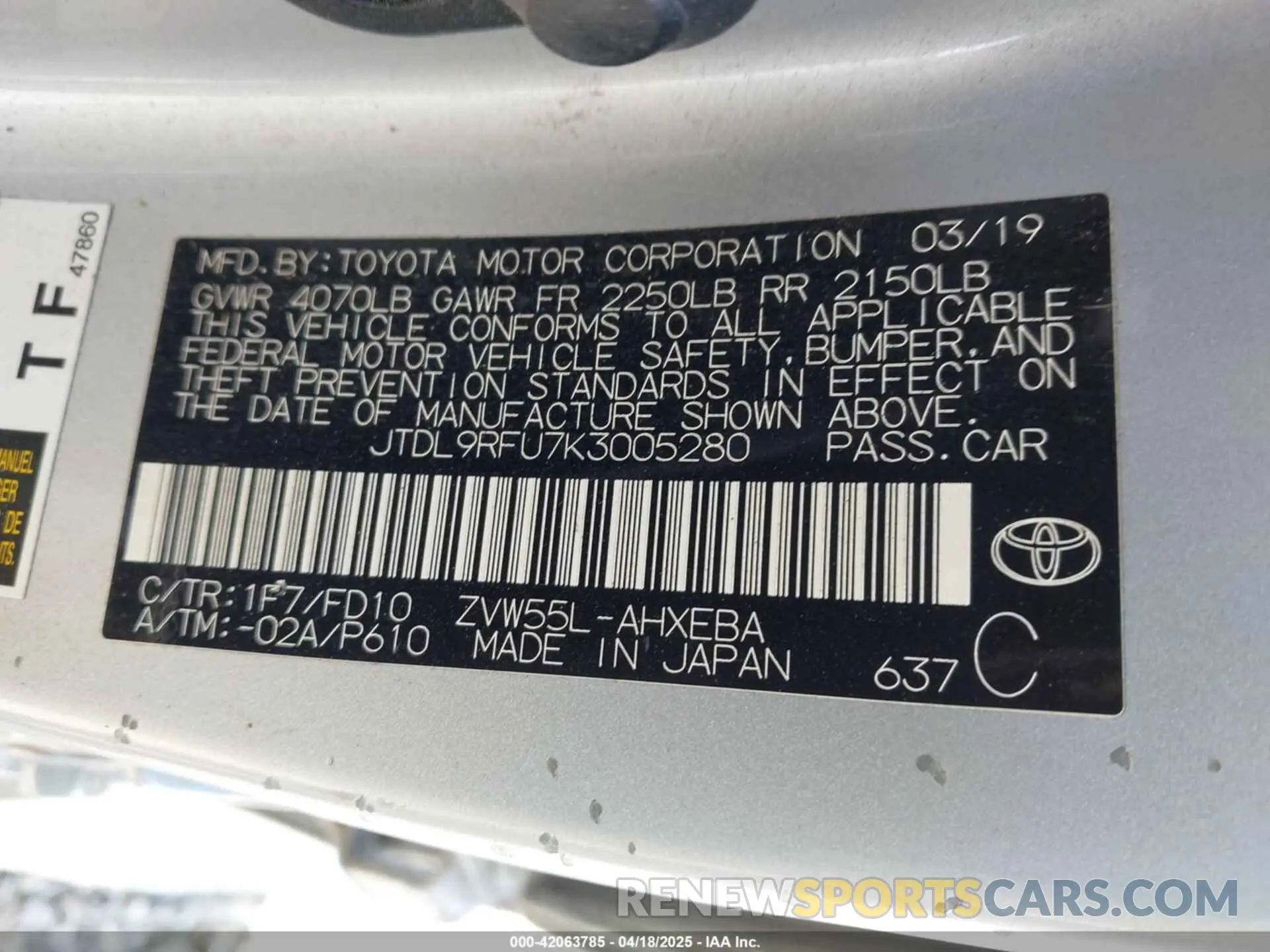 9 Фотография поврежденного автомобиля JTDL9RFU7K3005280 TOYOTA PRIUS 2019