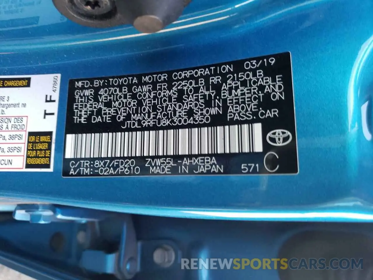 10 Photograph of a damaged car JTDL9RFU8K3004350 TOYOTA PRIUS 2019