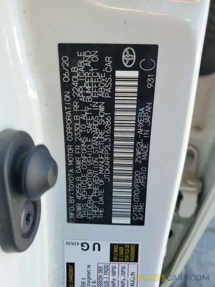 12 Photograph of a damaged car JTDKARFP2L3162861 TOYOTA PRIUS 2020