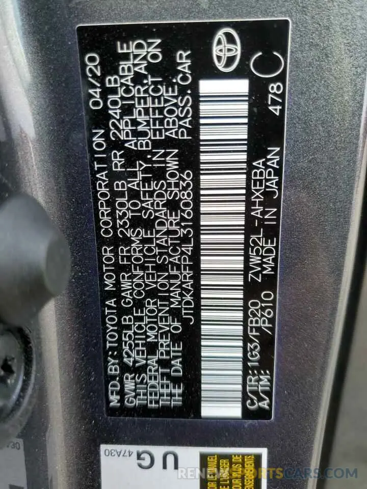 13 Фотография поврежденного автомобиля JTDKARFP4L3160836 TOYOTA PRIUS 2020