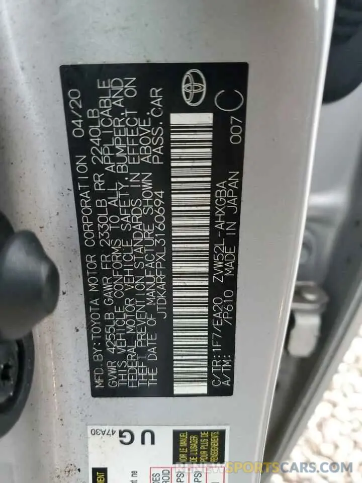 13 Photograph of a damaged car JTDKARFPXL3160694 TOYOTA PRIUS 2020