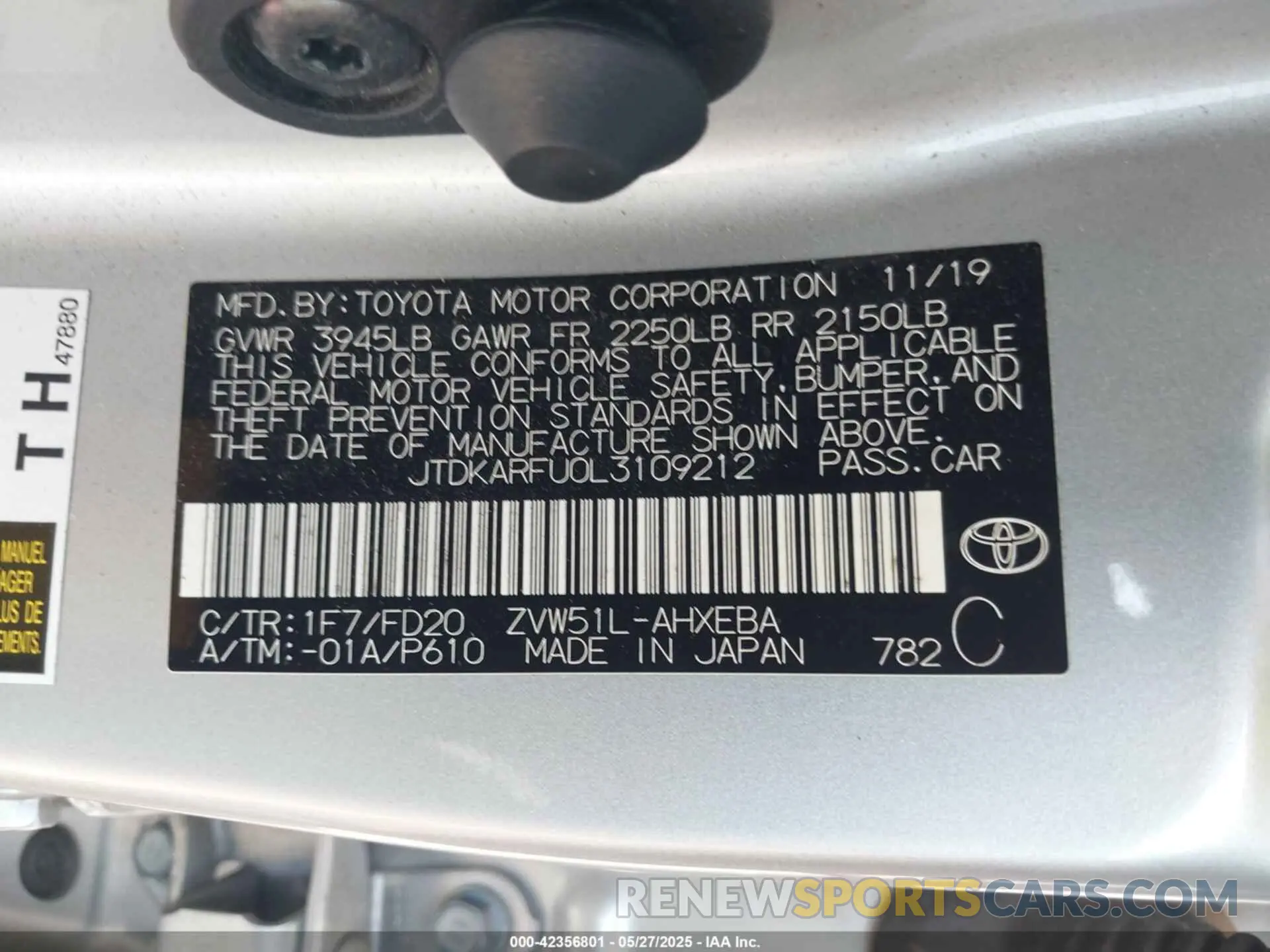 9 Photograph of a damaged car JTDKARFU0L3109212 TOYOTA PRIUS 2020