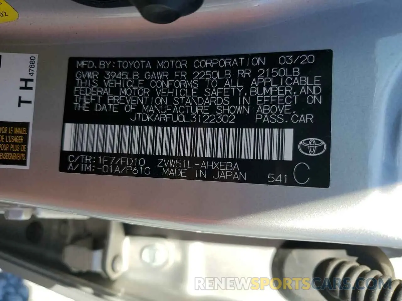 13 Photograph of a damaged car JTDKARFU0L3122302 TOYOTA PRIUS 2020