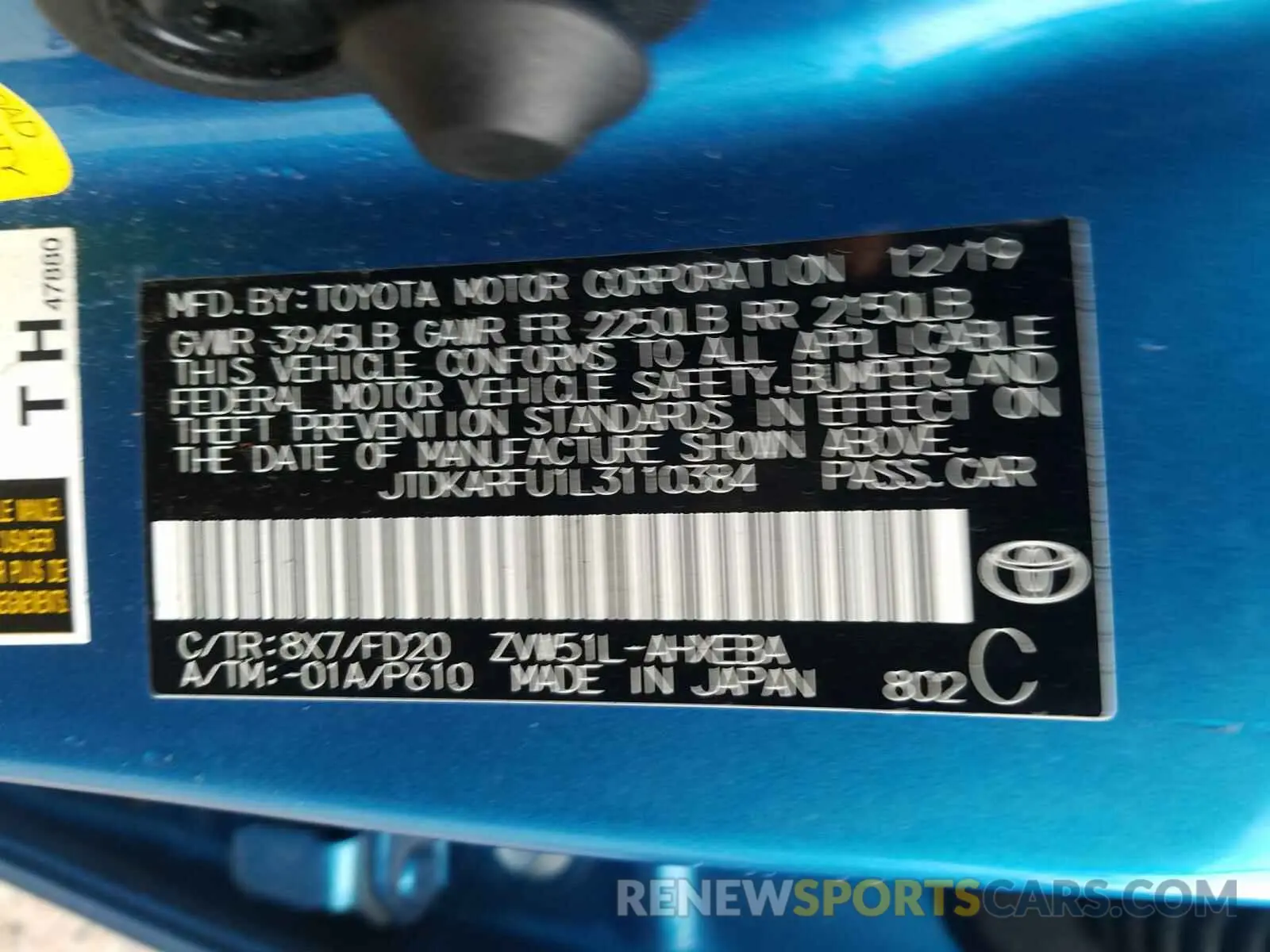 10 Photograph of a damaged car JTDKARFU1L3110384 TOYOTA PRIUS 2020