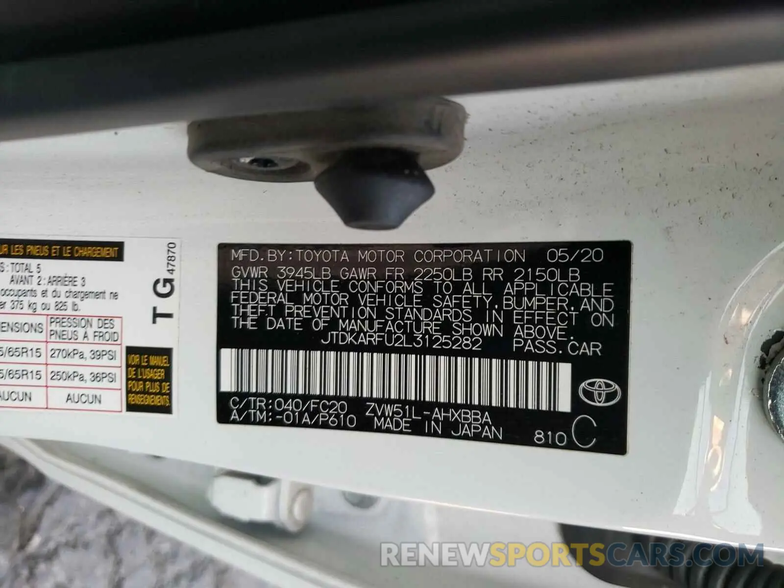 10 Photograph of a damaged car JTDKARFU2L3125282 TOYOTA PRIUS 2020
