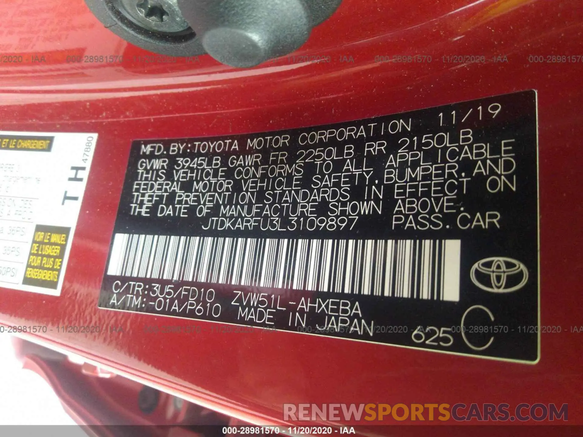 9 Photograph of a damaged car JTDKARFU3L3109897 TOYOTA PRIUS 2020