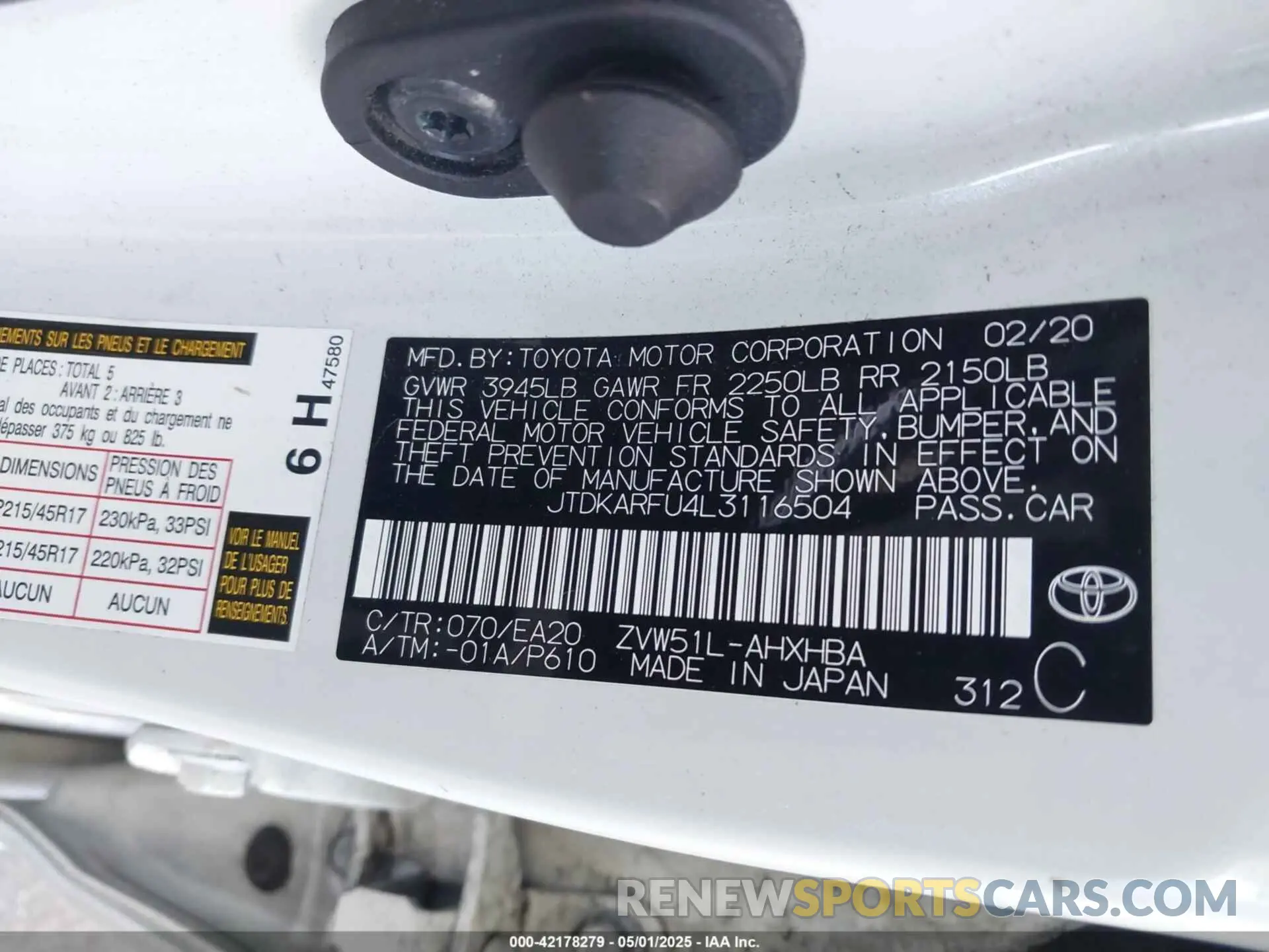 9 Фотография поврежденного автомобиля JTDKARFU4L3116504 TOYOTA PRIUS 2020