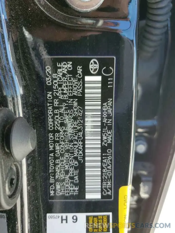 12 Photograph of a damaged car JTDKARFU4L3121427 TOYOTA PRIUS 2020