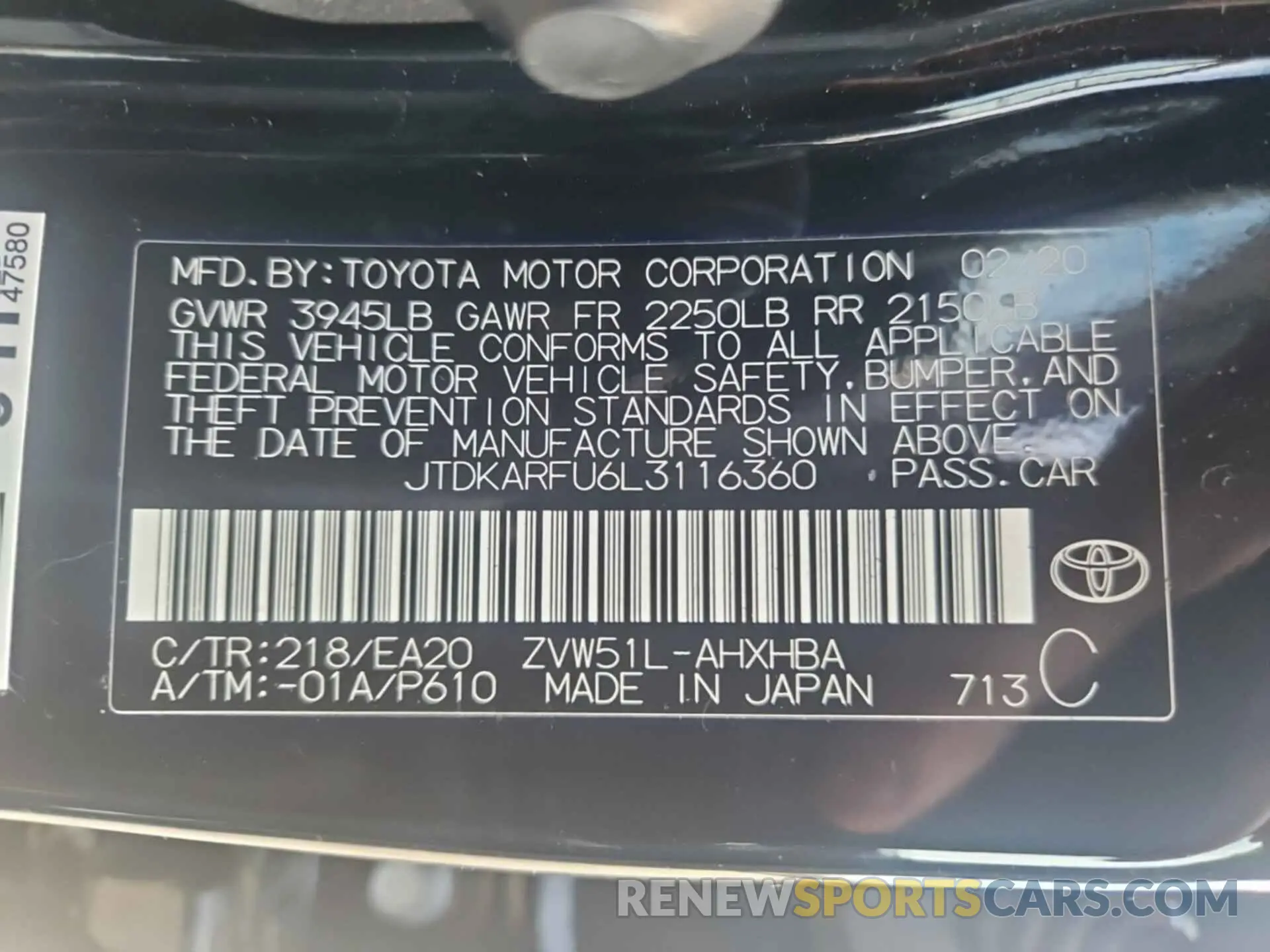 5 Photograph of a damaged car JTDKARFU6L3116360 TOYOTA PRIUS 2020