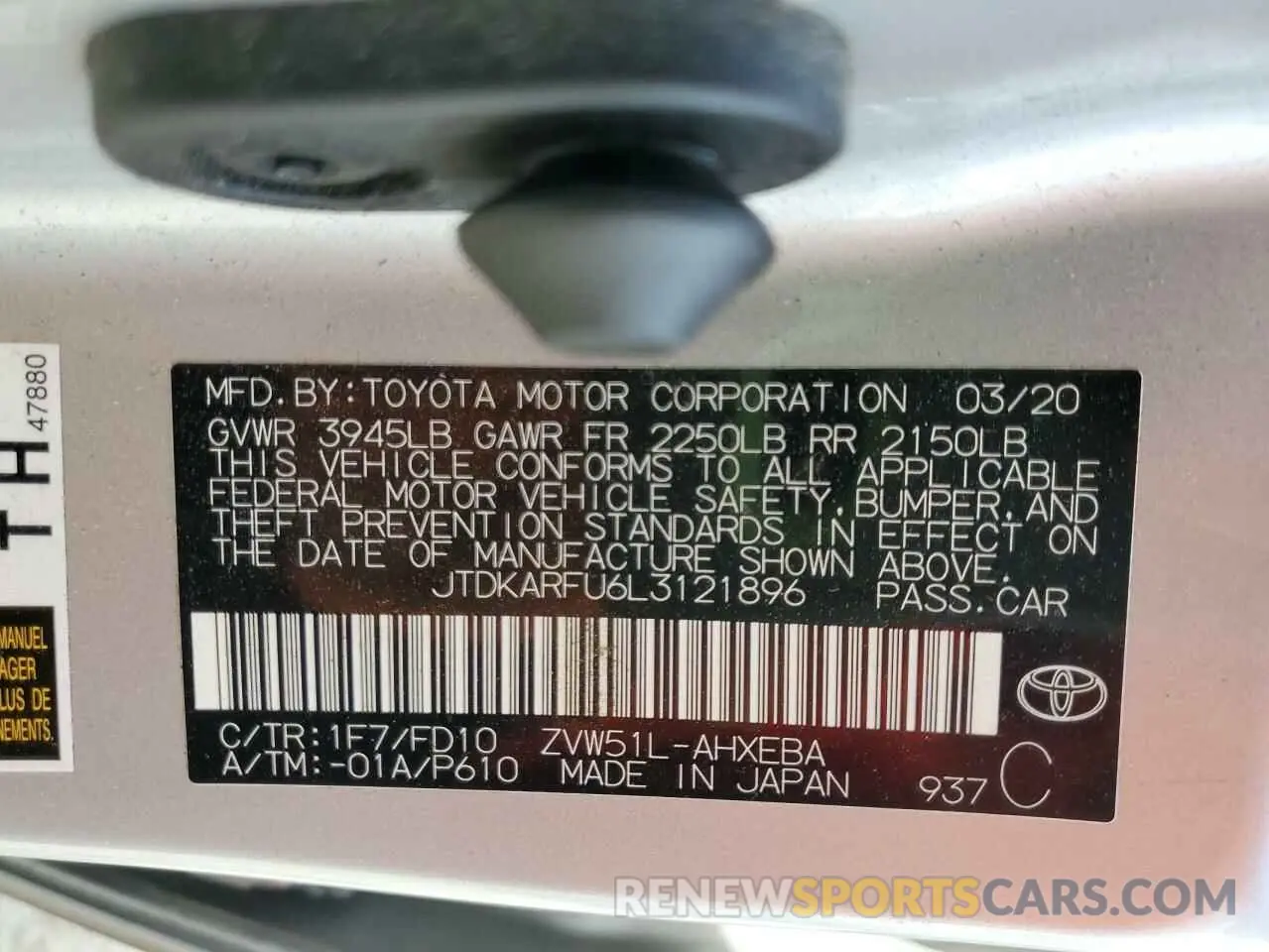 12 Photograph of a damaged car JTDKARFU6L3121896 TOYOTA PRIUS 2020