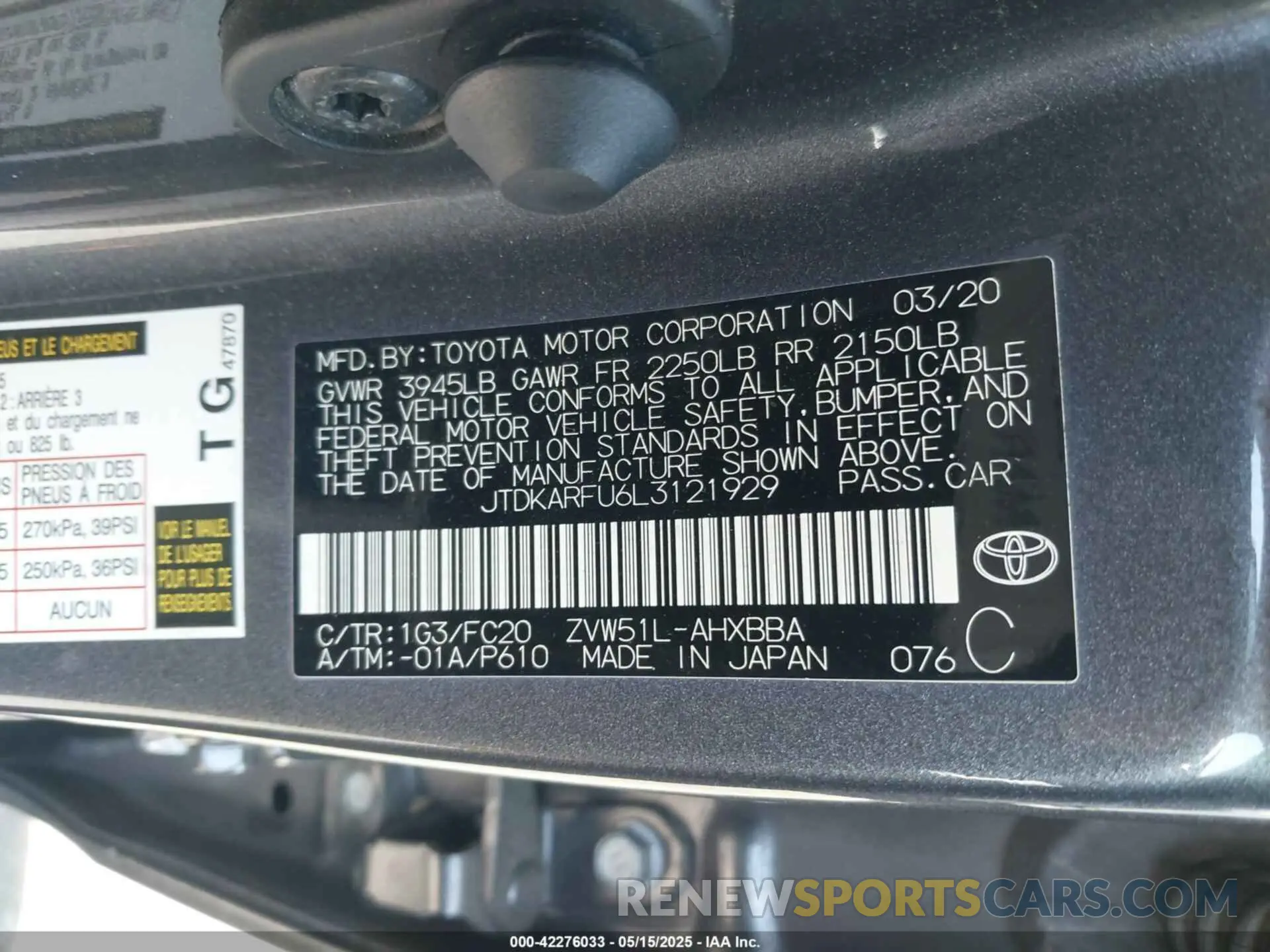 9 Фотография поврежденного автомобиля JTDKARFU6L3121929 TOYOTA PRIUS 2020