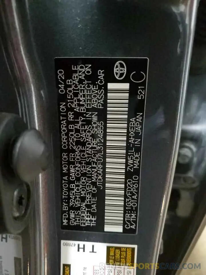 13 Photograph of a damaged car JTDKARFU7L3124855 TOYOTA PRIUS 2020