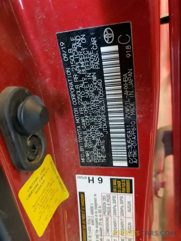 10 Photograph of a damaged car JTDKARFU8L3105540 TOYOTA PRIUS 2020