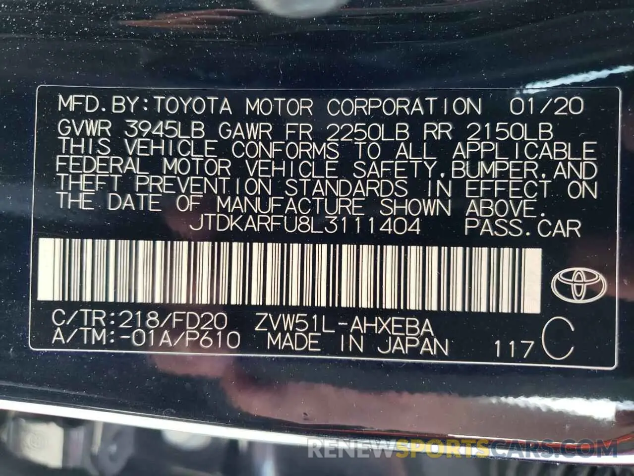 10 Фотография поврежденного автомобиля JTDKARFU8L3111404 TOYOTA PRIUS 2020
