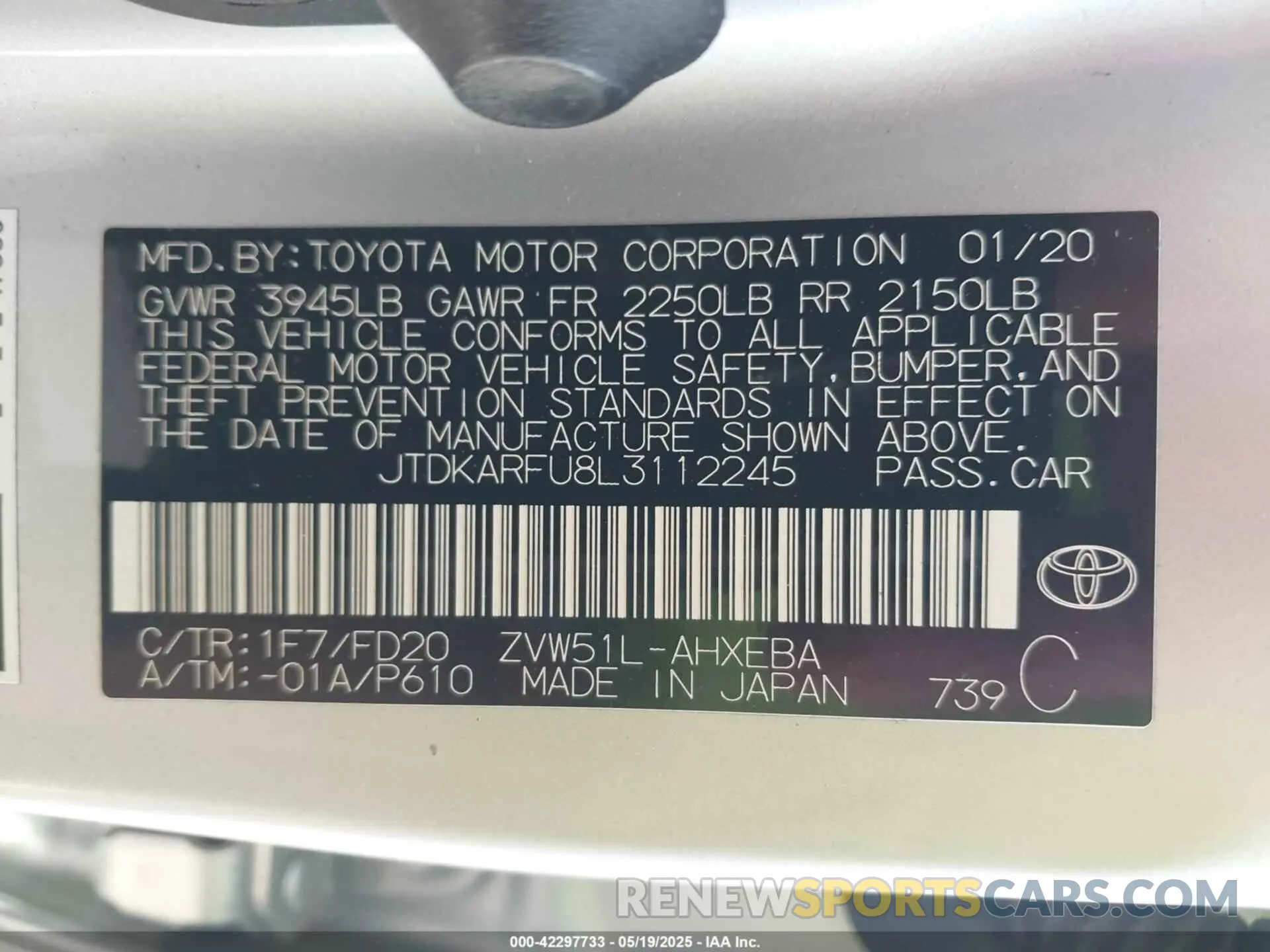 9 Photograph of a damaged car JTDKARFU8L3112245 TOYOTA PRIUS 2020