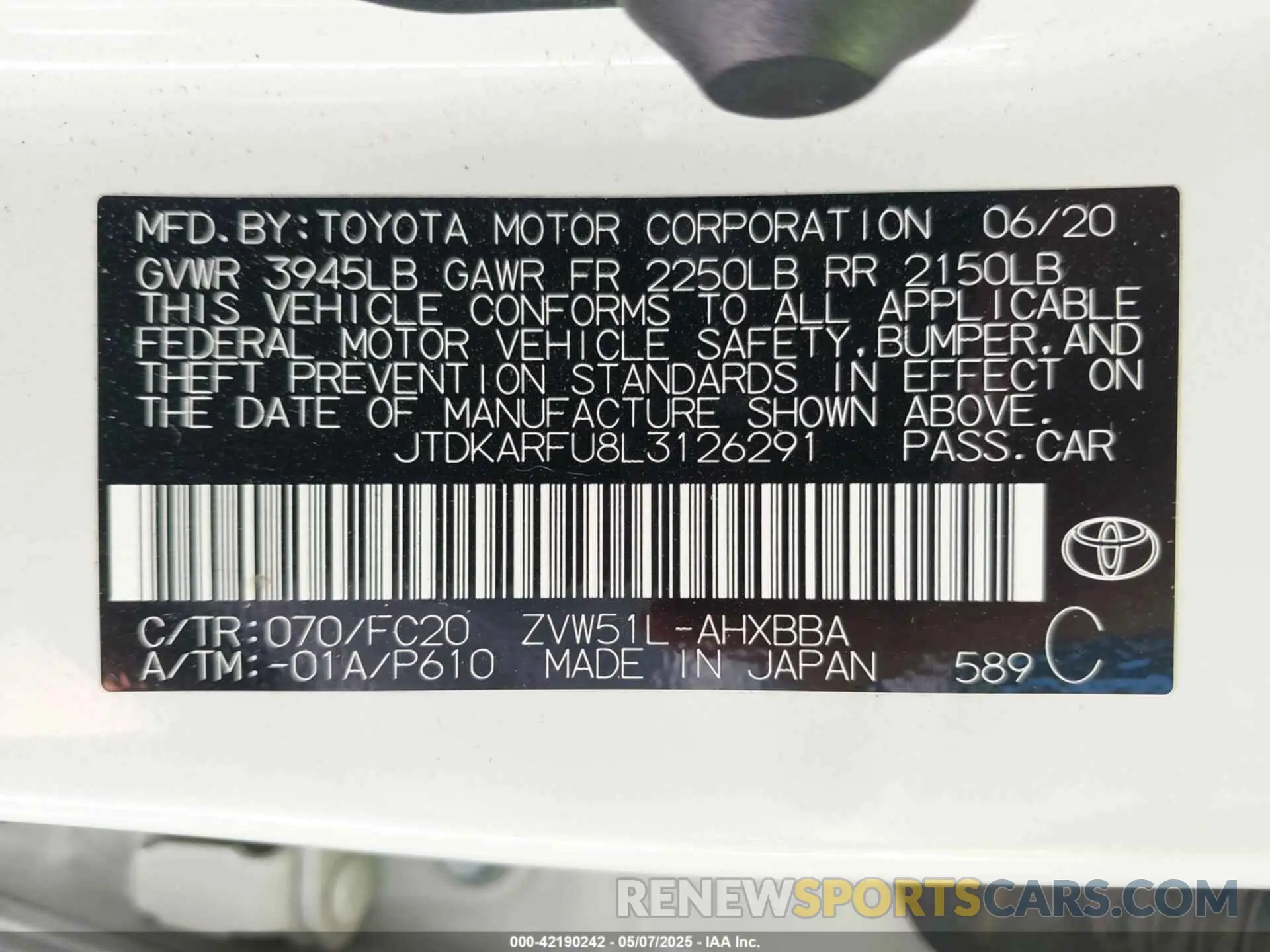 9 Фотография поврежденного автомобиля JTDKARFU8L3126291 TOYOTA PRIUS 2020