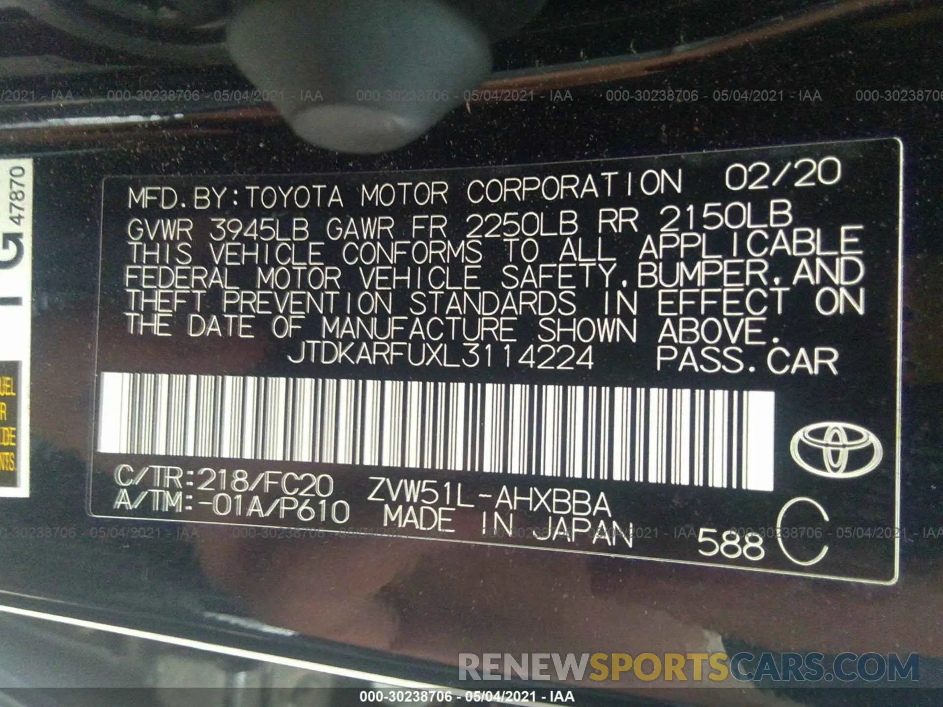 9 Photograph of a damaged car JTDKARFUXL3114224 TOYOTA PRIUS 2020