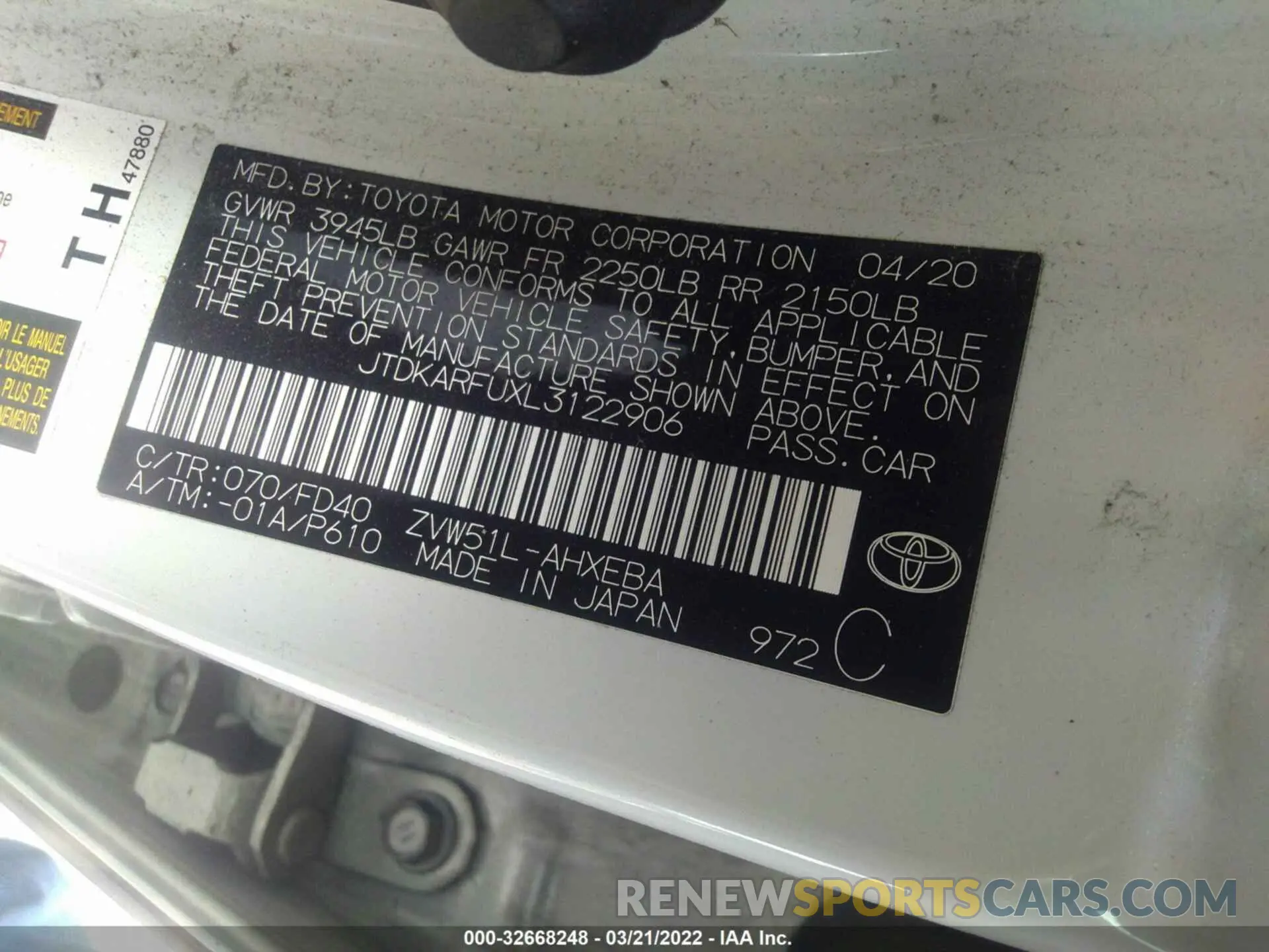 9 Photograph of a damaged car JTDKARFUXL3122906 TOYOTA PRIUS 2020