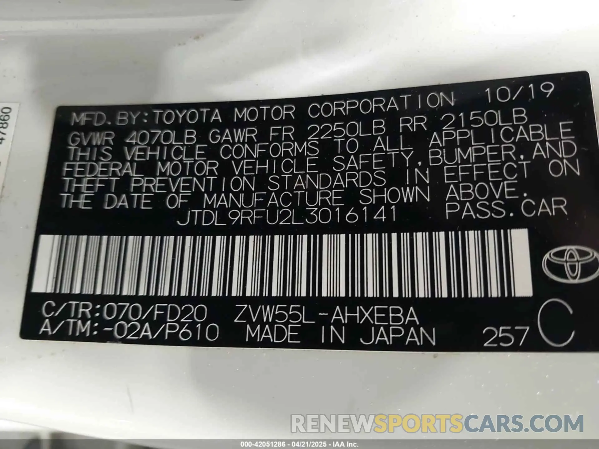 9 Фотография поврежденного автомобиля JTDL9RFU2L3016141 TOYOTA PRIUS 2020
