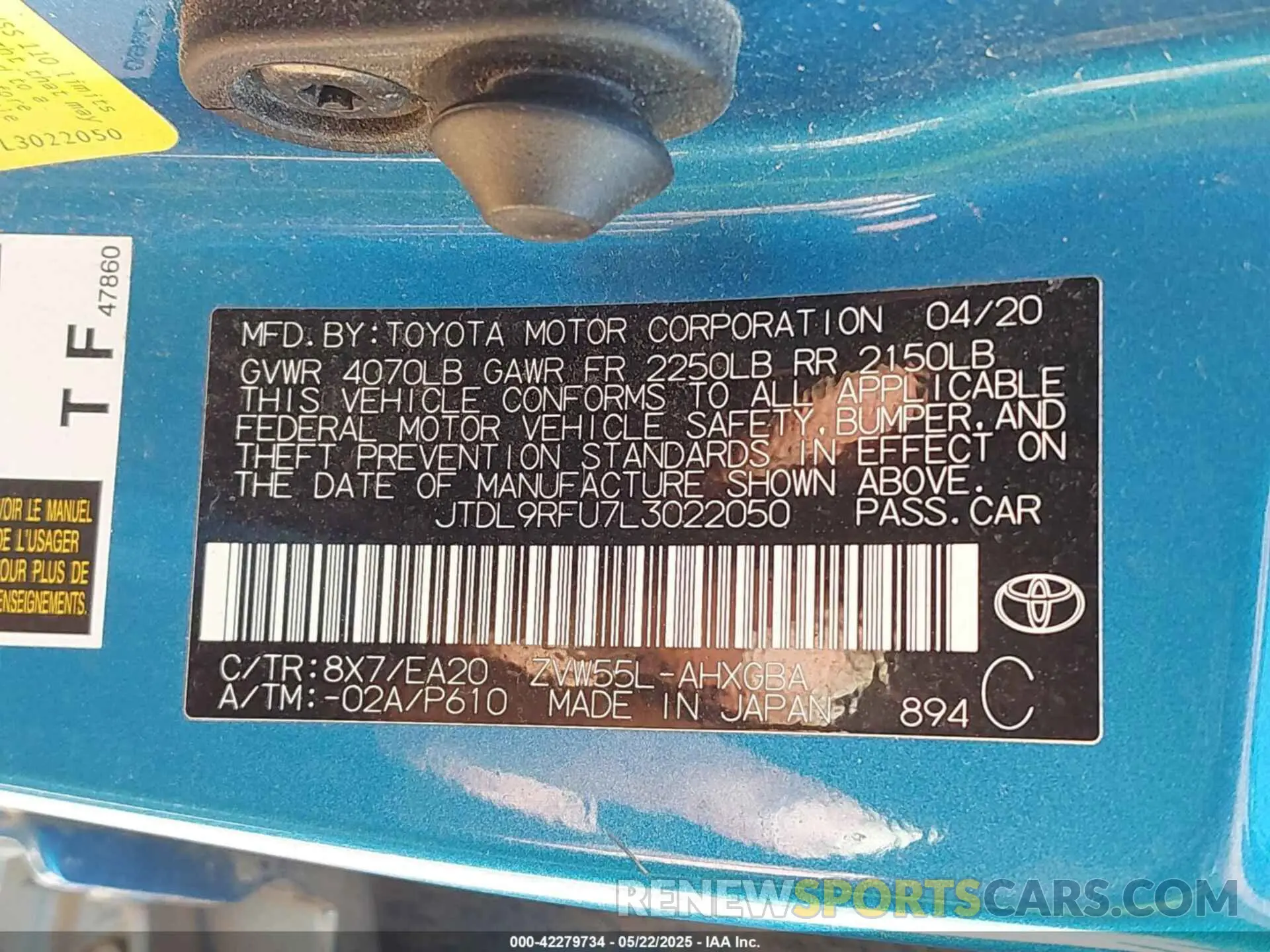 9 Photograph of a damaged car JTDL9RFU7L3022050 TOYOTA PRIUS 2020