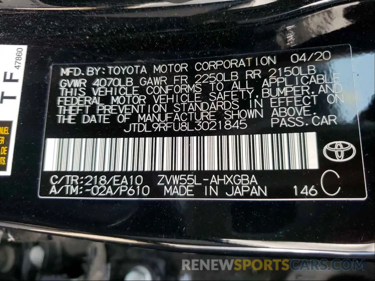 10 Photograph of a damaged car JTDL9RFU8L3021845 TOYOTA PRIUS 2020