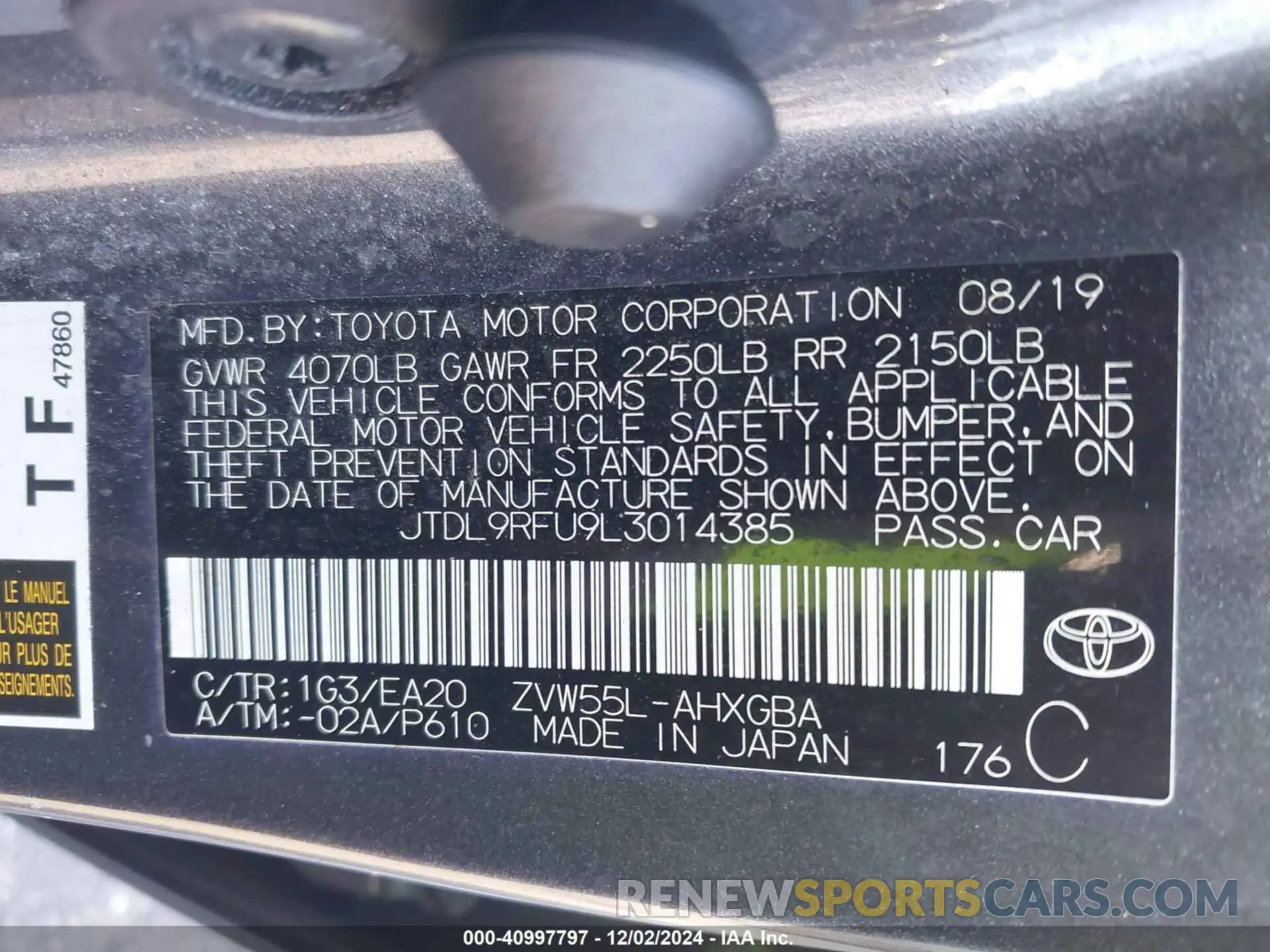 9 Фотография поврежденного автомобиля JTDL9RFU9L3014385 TOYOTA PRIUS 2020