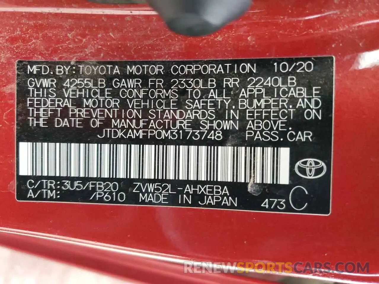 12 Фотография поврежденного автомобиля JTDKAMFP0M3173748 TOYOTA PRIUS 2021