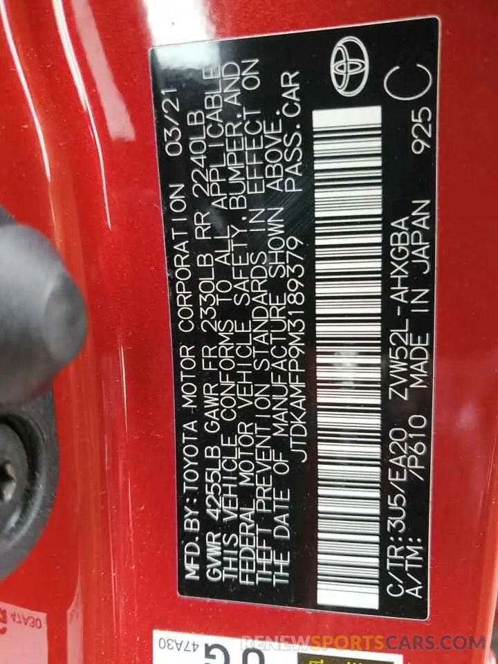 13 Photograph of a damaged car JTDKAMFP9M3189379 TOYOTA PRIUS 2021